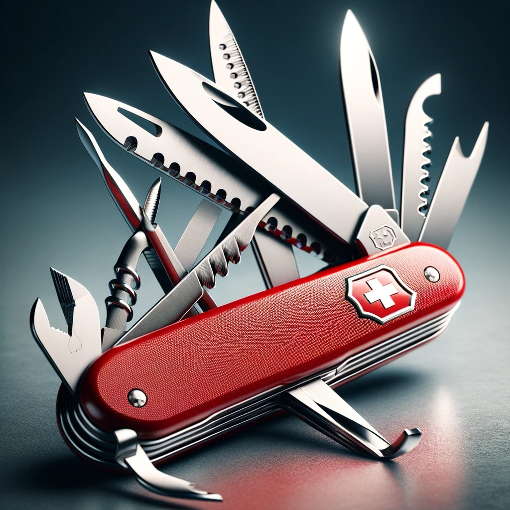 A highly detailed and realistic image of a Swiss Army knife. The knife is open, displaying a variety of tools such as a blade, scissors, screwdriver